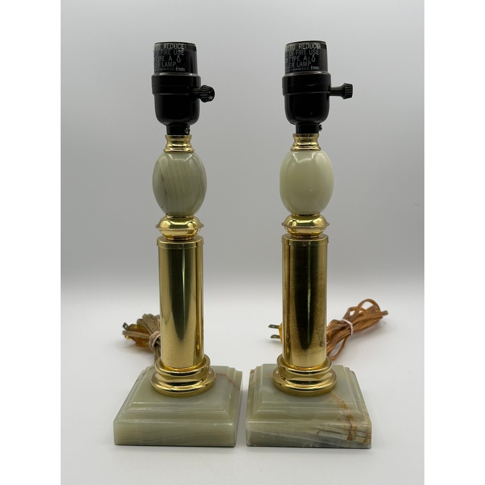 Vintage Onyx and Brass Table Lamps Pair Green Stone Hollywood Regency 12.5"